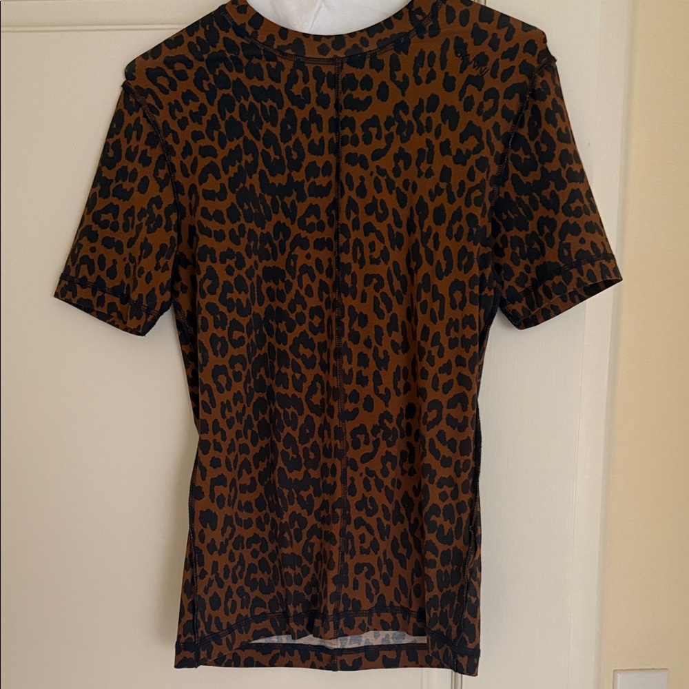 Ganni Brown & Black Leopard Print Short Sleeve Top